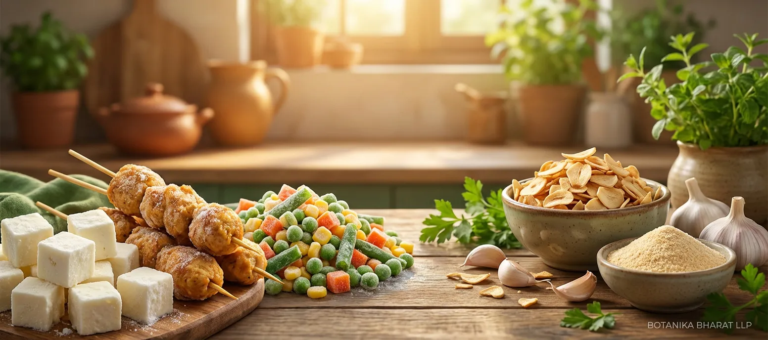Frozen vegetables dehydrated garlic paneer soya chaap export India – bulk frozen food – Botanika Bharat LLP
