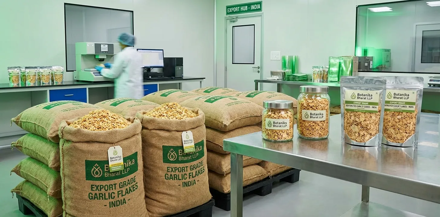 Dehy Garlic Flakes – Botanika Bharat LLP, Indian dehy garlic flakes exporter, bulk dehydrated garlic supplier FMCG HORECA, Rudrapur Uttarakhand.