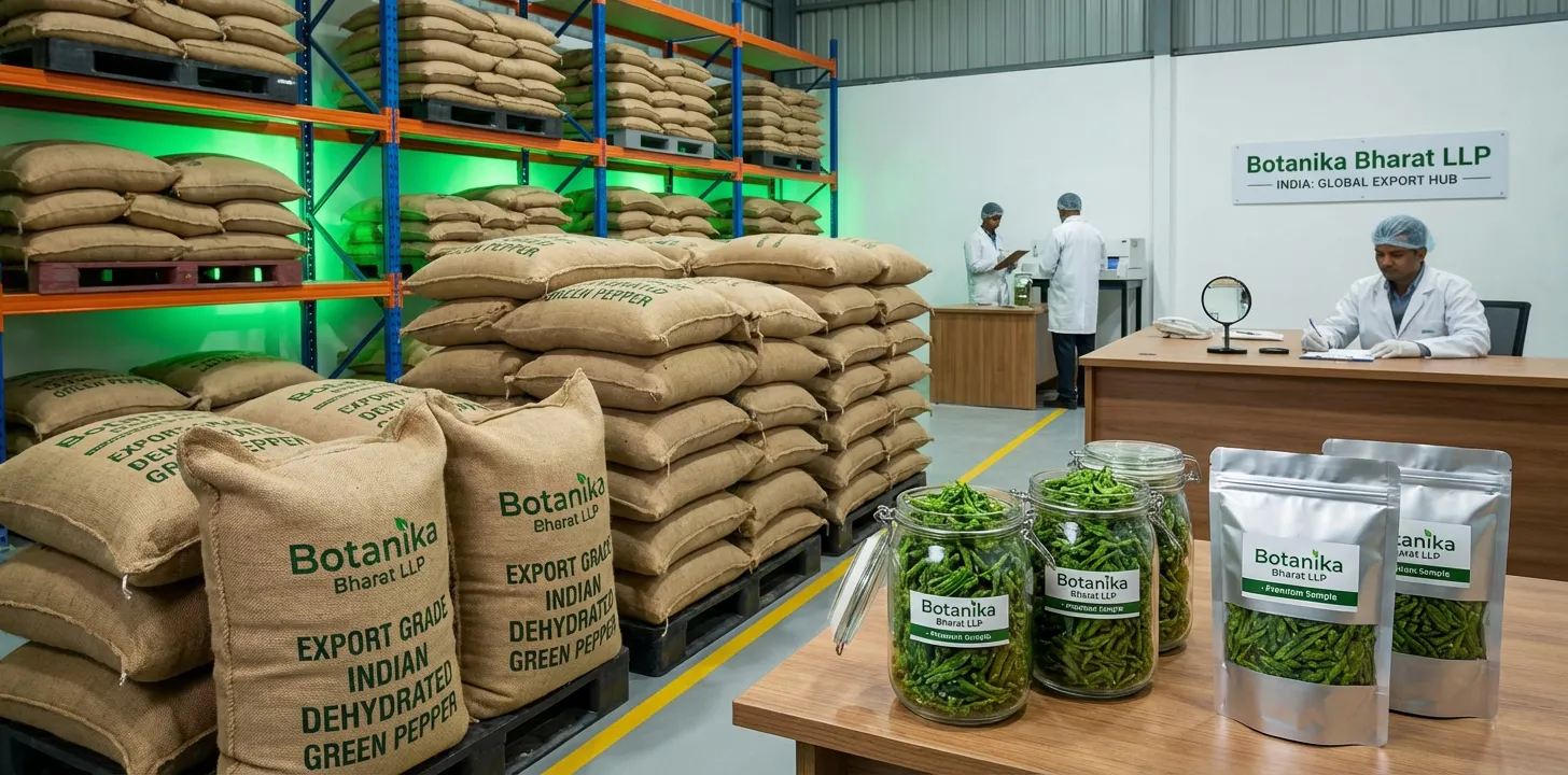 Dehy Green Pepper – Botanika Bharat LLP, Indian dehy green pepper exporter, bulk dehydrated green pepper supplier FMCG HORECA, Rudrapur Uttarakhand.
