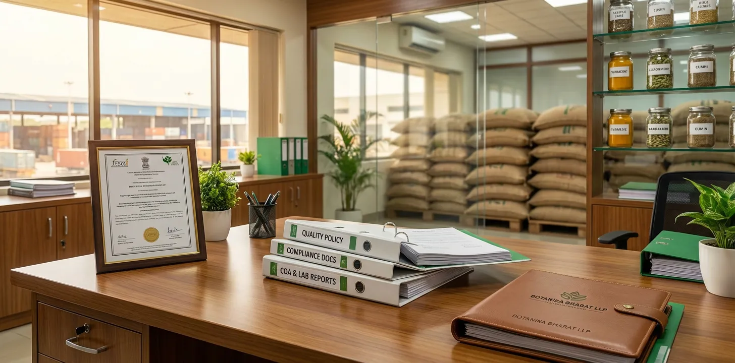 Foundation & Compliance – Botanika Bharat LLP, Indian spice exporter and bulk spices supplier, FSSAI APEDA COA, Rudrapur Uttarakhand.