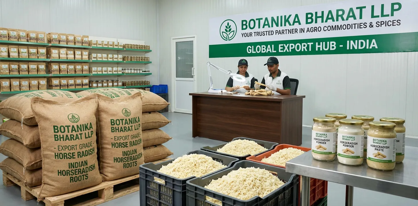 Horse Radish – Botanika Bharat LLP, Indian horse radish exporter, horseradish root powder paste bulk spice supplier FMCG HORECA, Rudrapur Uttarakhand.