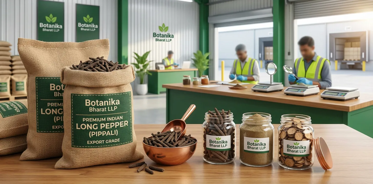 Long Pepper – Botanika Bharat LLP, Indian long pepper exporter, pippali Piper longum, bulk long pepper supplier, Ayurvedic spice, Rudrapur Uttarakhand.
