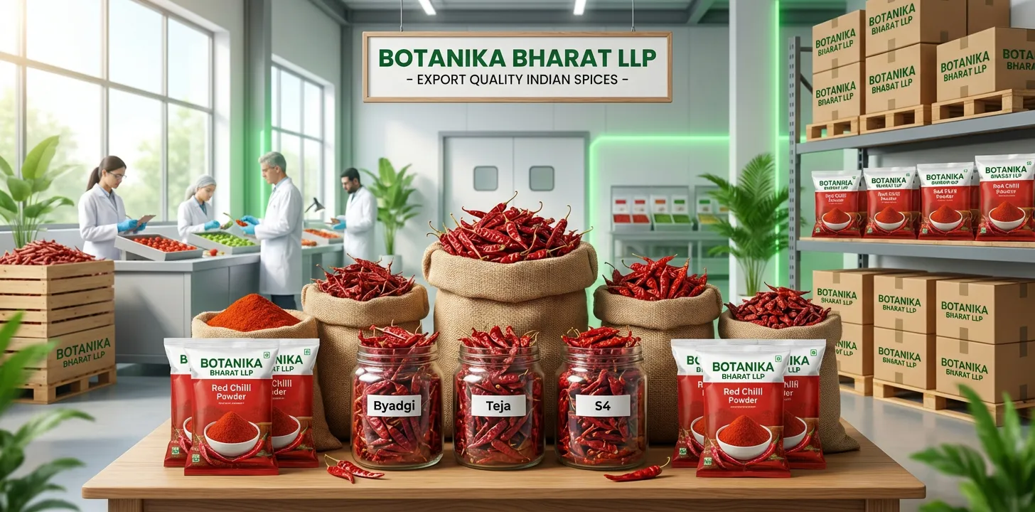 Whole Red Chilies – Botanika Bharat LLP, whole red chilies exporter from India, dried red chillies, red chilli powder, Byadgi, Teja, S4, Rudrapur Uttarakhand.