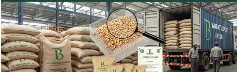 Indian wheat grains for export, freshly harvested and prepared for bulk shipment